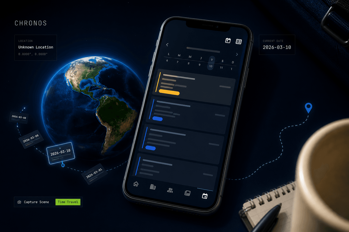 Chronos promotional key art with a time-travel globe and interface panels