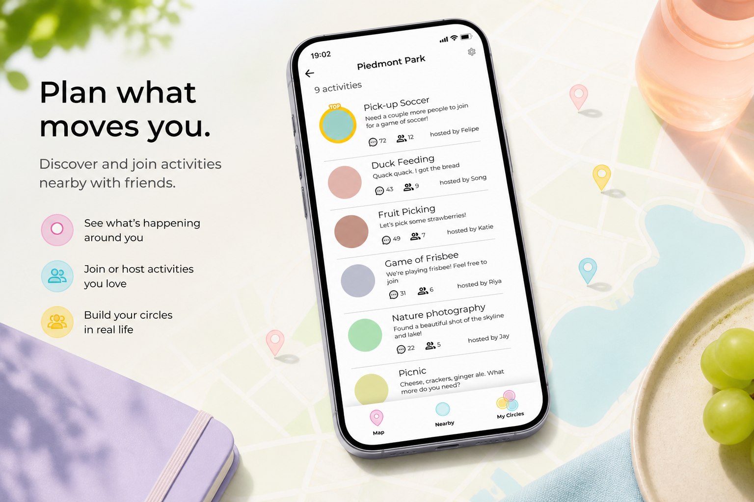 Circles promotional image with nearby activities on a smartphone over a soft map