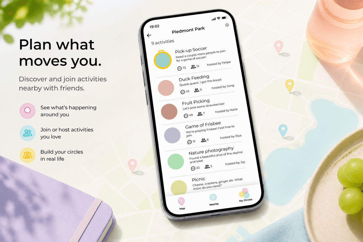 Circles promotional image with nearby activities on a smartphone over a soft map