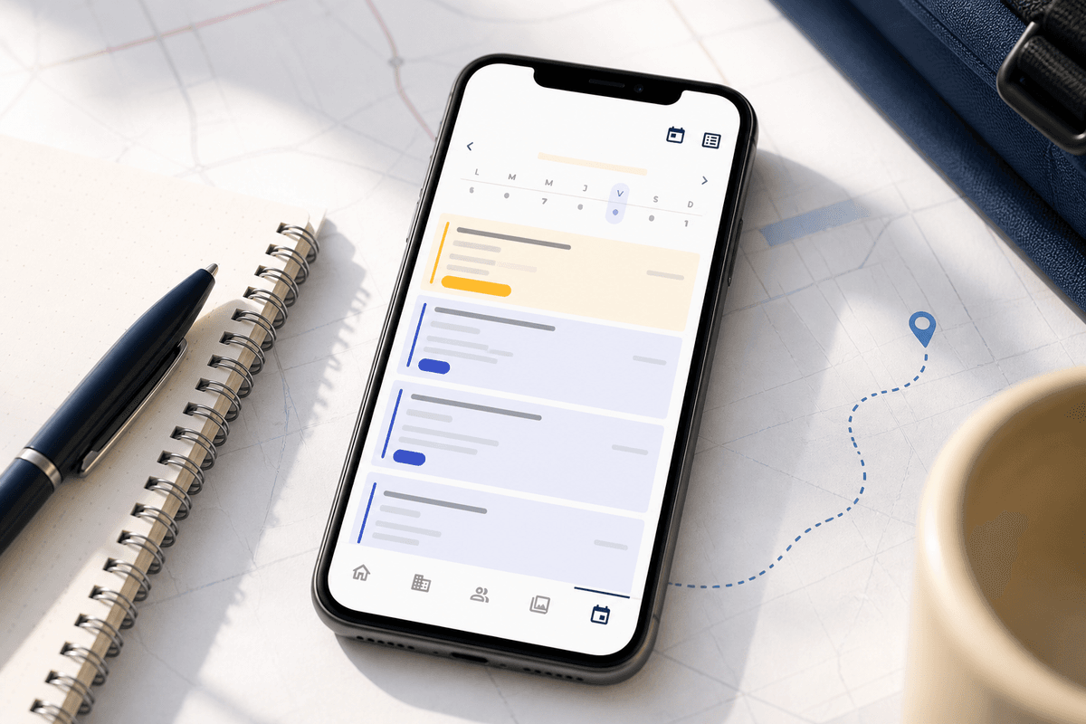 Companion promotional image with a mobile CRM agenda on a field-work desk
