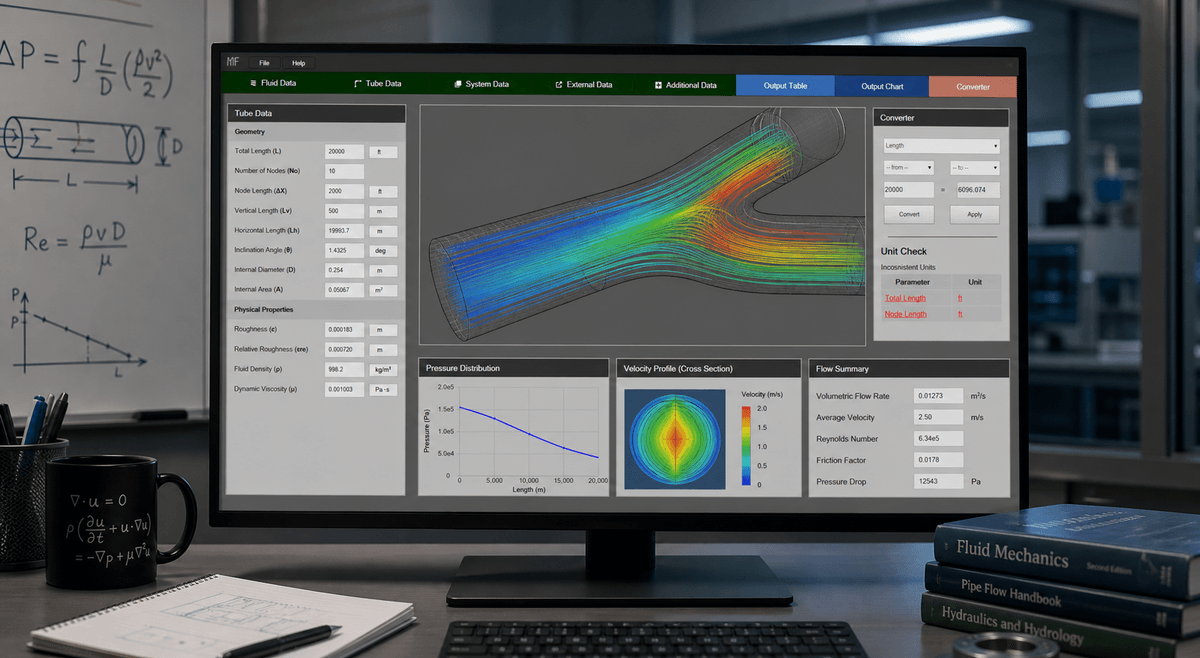 Multiflow promotional image with a fluid simulation on an engineering monitor