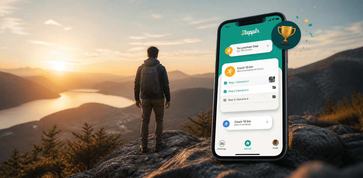 Stepplr promotional image with goal progress on a smartphone at sunrise