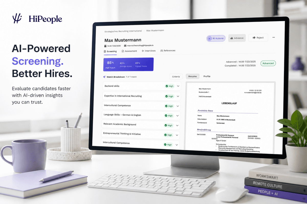 HiPeople promotional image with an AI screening dashboard and high-match score