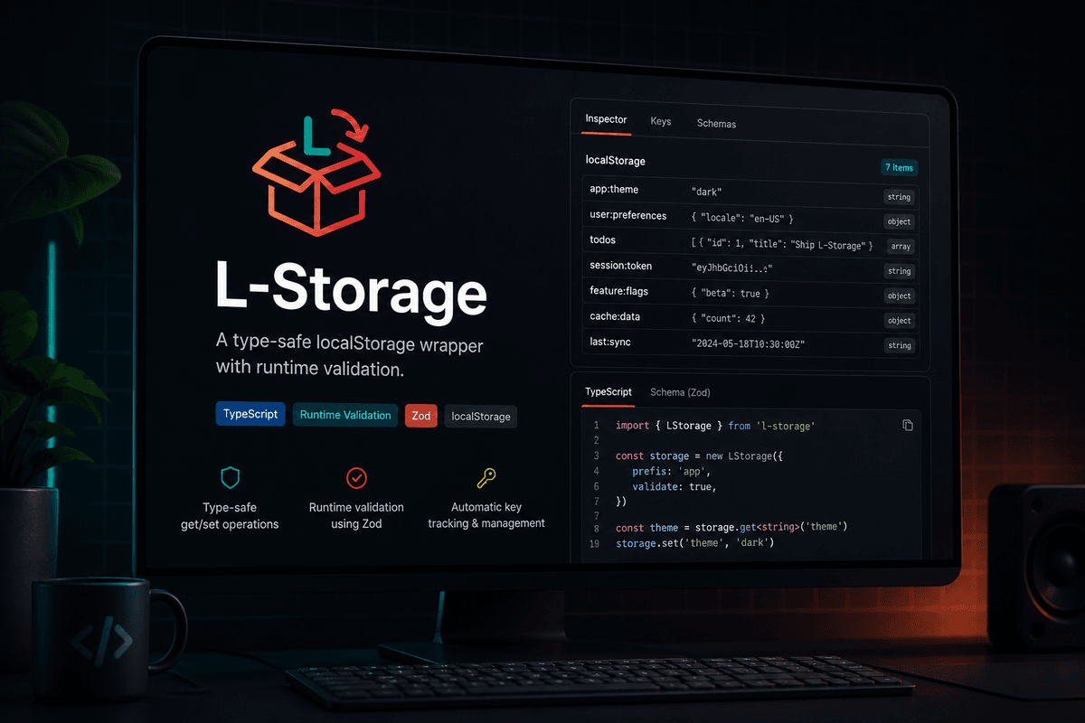 L-Storage promotional image with a localStorage inspector and TypeScript code