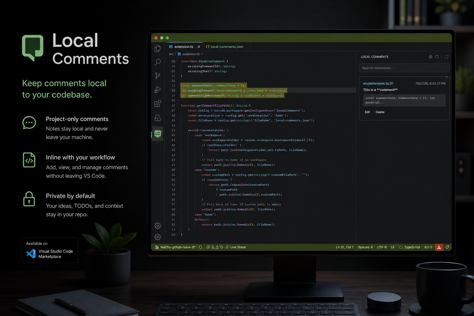 Local Comments promotional image with a VS Code editor and local comment sidebar