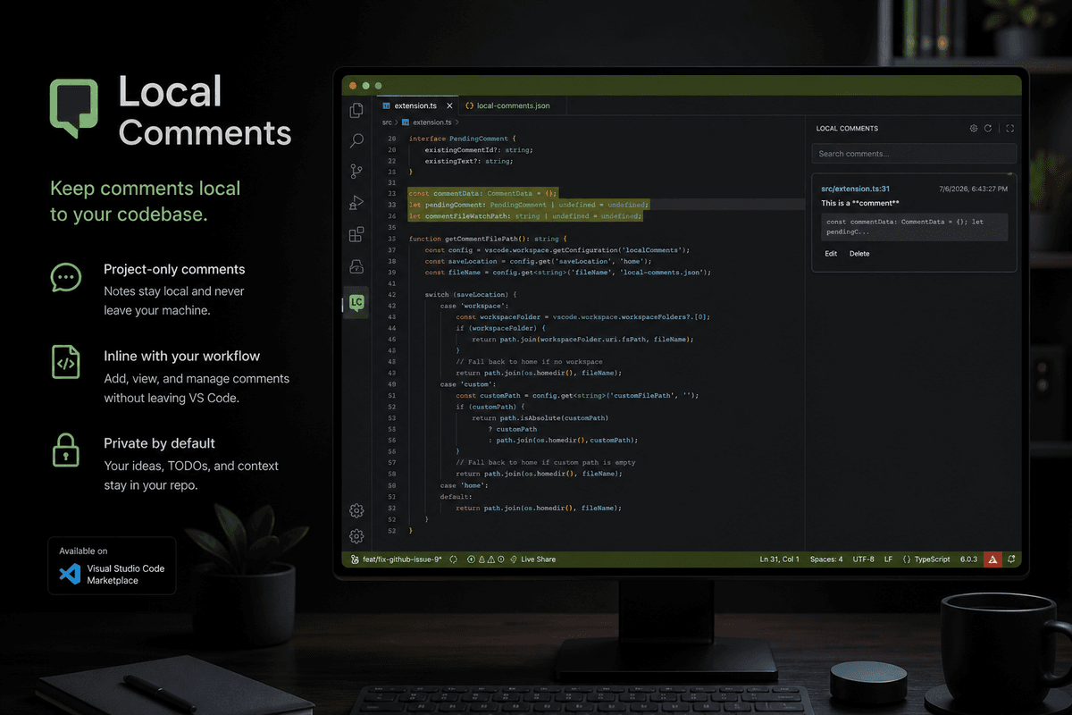 Local Comments promotional image with a VS Code editor and local comment sidebar