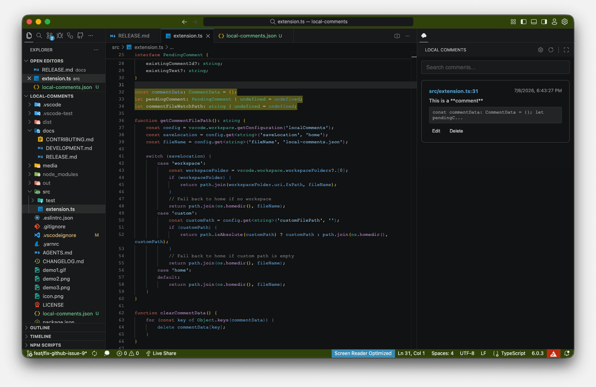 Local Comments extension editor and sidebar view