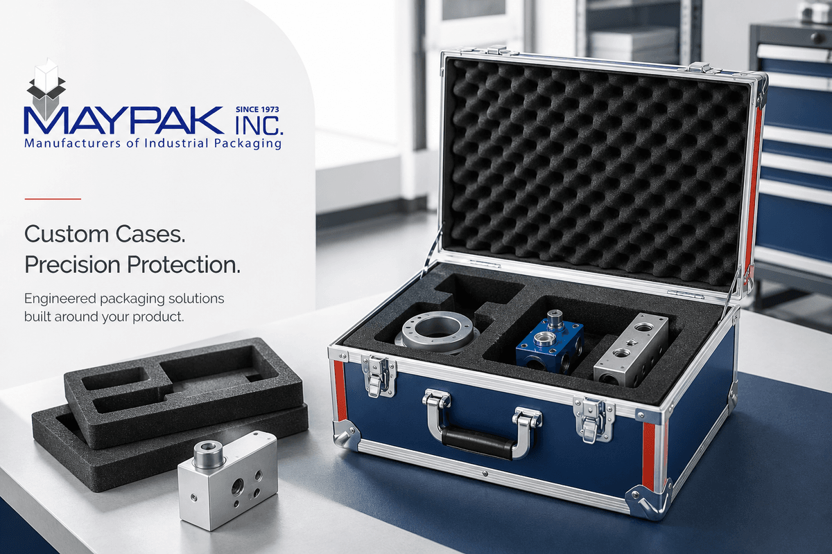 Maypak promotional image with a custom case and precision foam packaging