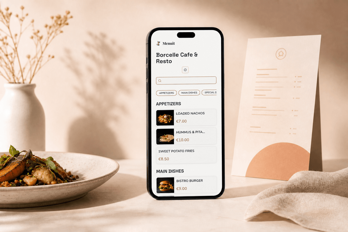 Menuit promotional image with a restaurant menu on a smartphone