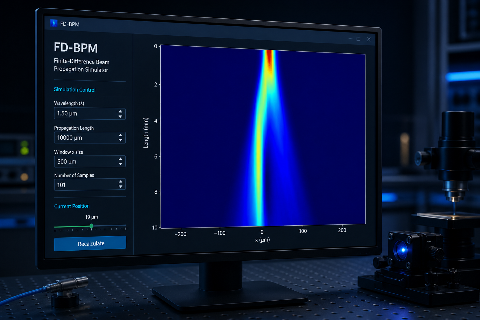 FD-BPM promotional image with a photonics propagation heatmap and simulation controls