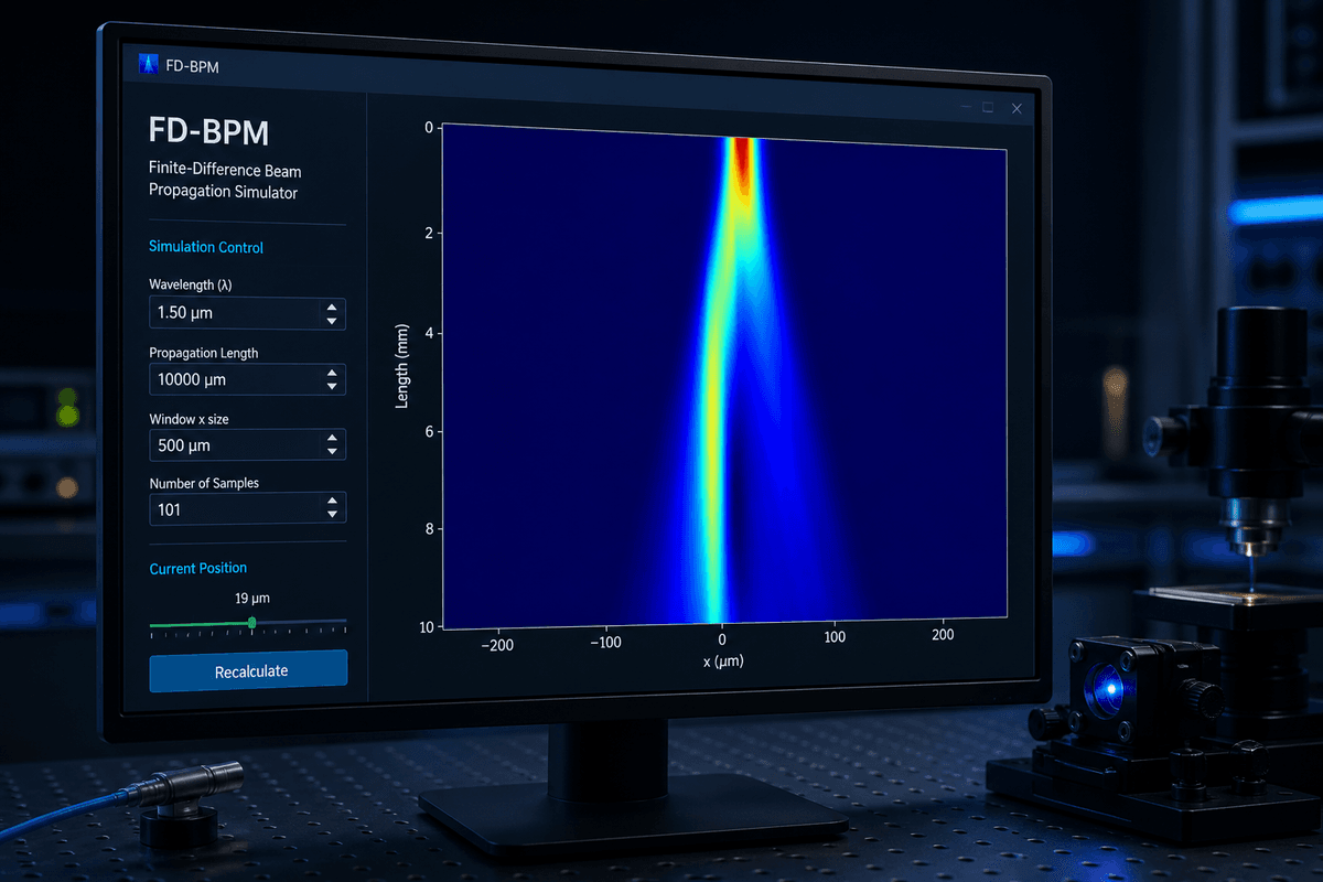 FD-BPM promotional image with a photonics propagation heatmap and simulation controls