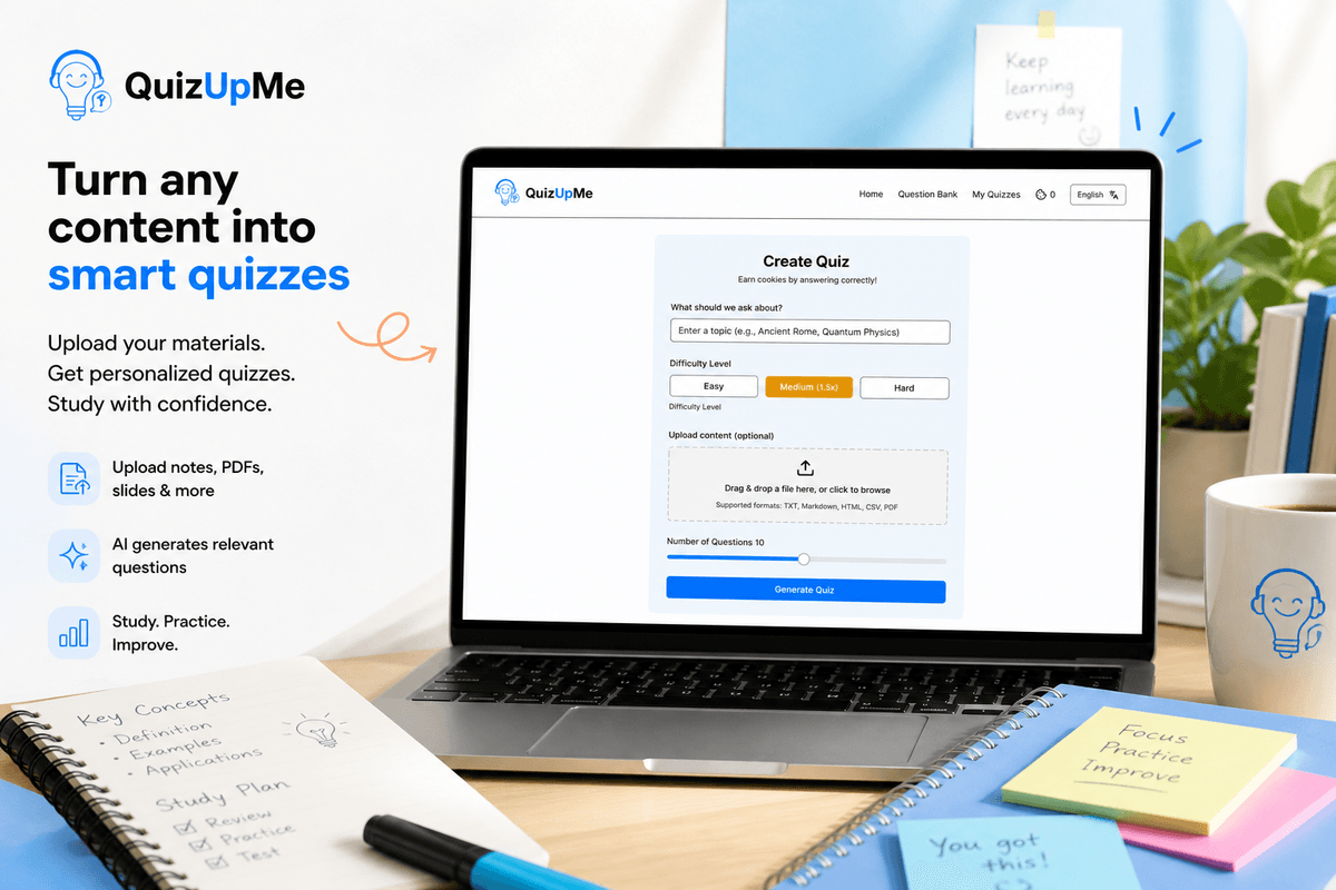 QuizUp promotional image with a quiz builder on a laptop and the QuizUpMe identity