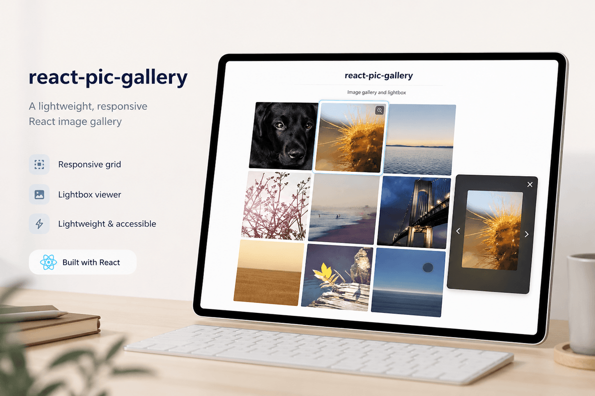 React Pic Gallery promotional image with a responsive grid and lightbox viewer