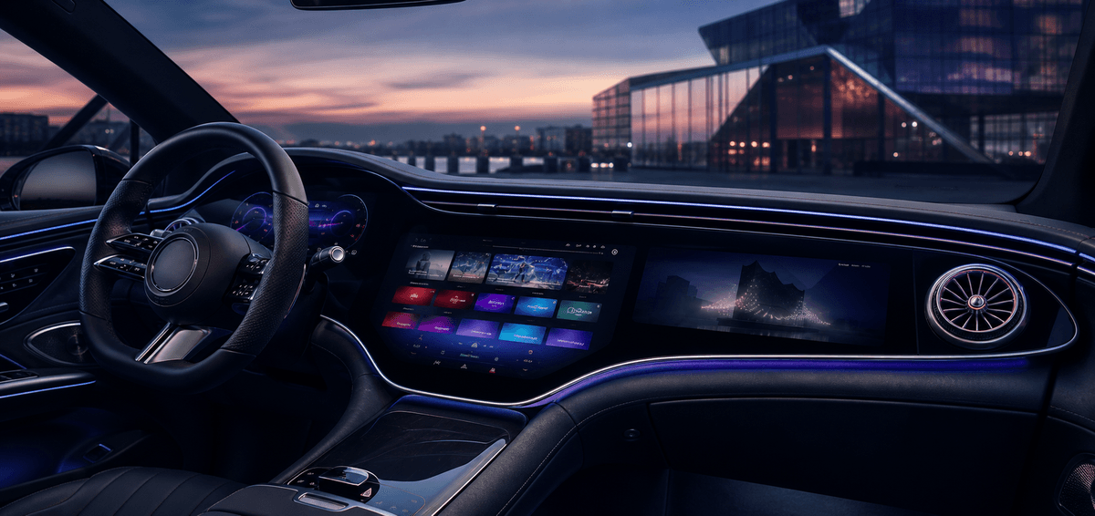 ZYNC promotional image showing an in-car entertainment interface at dusk